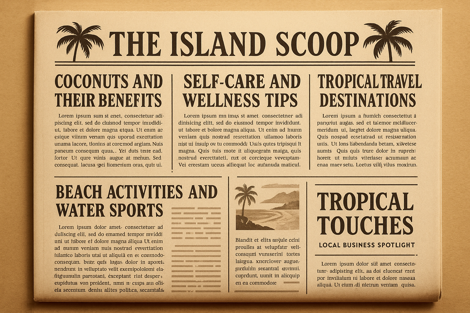 Love this! The paragraphs should be about coconuts, self-care, traveling, beach activities, and Tropical Touches
